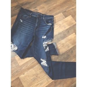 AEO super destroyed dark wash skinny jeans